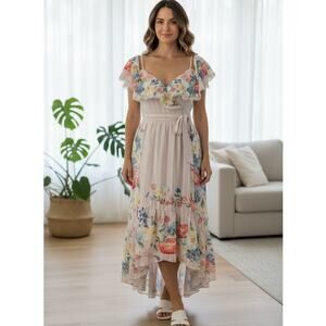 ANTHROPOLOGIE CHAMPAGNE & STRAWBERRY WRAP  RUFFLES FLORAL HI/LO STRAPS SMALL